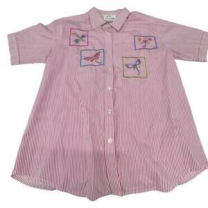 Vintage The Quacker Factory M Red White Stripe Dragonflies Short Sleeve Shirt